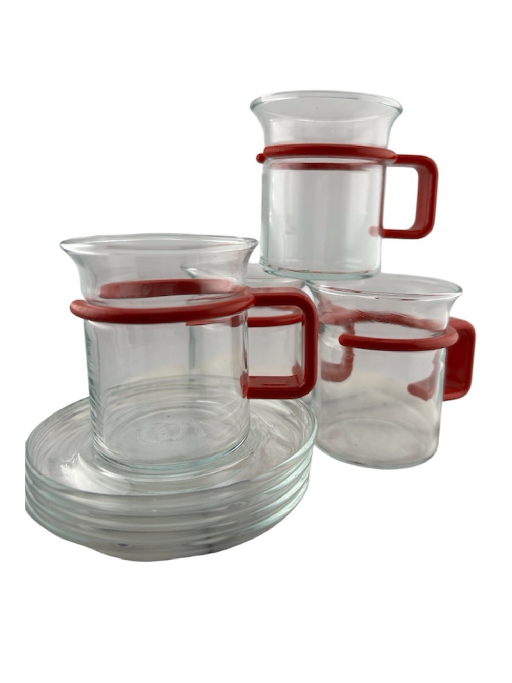Bodum Clear Glass Bistro Espresso Cups with Red Handles and Saucers - Set of 4